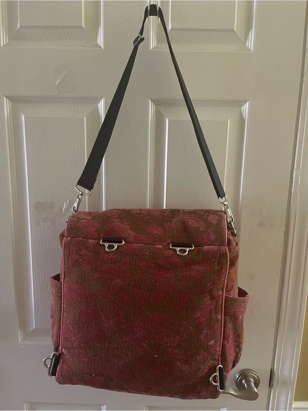 Petunia Pickle Bottom Pink Floral Jacquard Messenger Diaper Bag with Black Strap